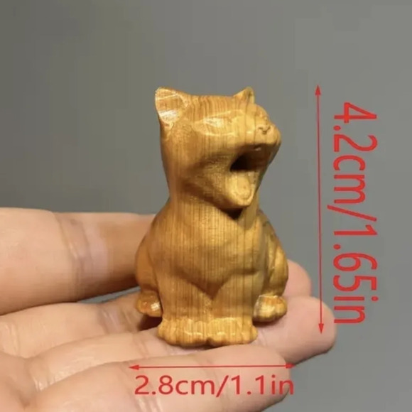 Wooden hand carved cat figurine, yawning, kitty cat, ginger orange feline - Picture 5 of 7